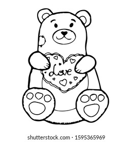 Cute bear toy with heart . Hand-drawn vector stock illustration of funny teddy bear. Isolated on white background. Design for Valentines day. Outline. Doodle. Cartoon. Kids illustration. Trendy.