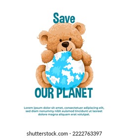 cute bear toy holding the earth