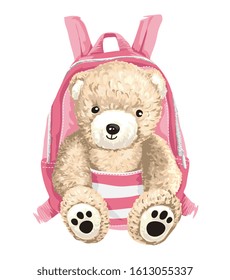 cute bear toy in pink backpack illustration