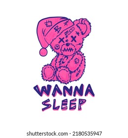 Cute Bear Toy Punk Style Sit With Sleep Hat For T-shirt Print Design Vector Illustration And Slogan 