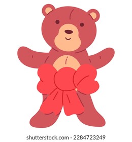 Cute bear toy with red bow vector cartoon character isolated on a white background.