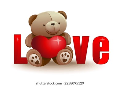 Cute bear toy with red heart. Teddy bear on the background of the word - Love. Vector illustration