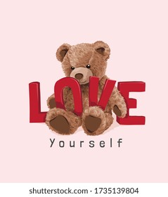 cute bear toy with red love slogan illustration