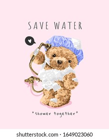 Cute Bear Toy In Shower Cap Taking Shower Illustration