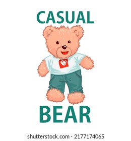 cute bear toy in t-shirt for t-shirt print design vector illustration and slogan "Casual Bear"