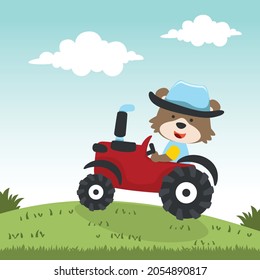 Cute bear and tractor in the farm, funny animal cartoon, Can be used for t-shirt print, kids wear fashion design, invitation card. fabric, textile, nursery wallpaper, poster and other decoration.