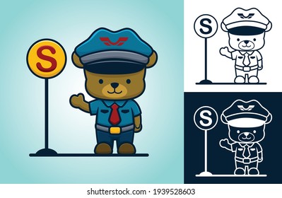 Cute bear in traffic cop uniform with road sign. Vector cartoon illustration in flat icon style