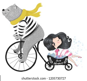 Cute bear travel with little pretty girl vector illustration for kids fashion artworks, patterns, children books, greeting cards, t shirt print.