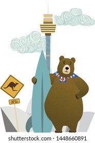 Cute bear traveler. Vector illustration for the interior of a children's room or children's things. Sydney.