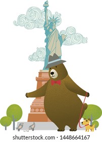 Cute bear traveler. Vector illustration for the interior of a children's room or children's things. New york