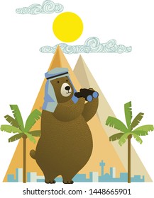 Cute bear traveler. Vector illustration for the interior of a children's room or children's things. Egypt