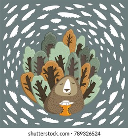 cute bear with trees and clouds