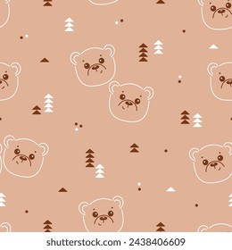 Cute Bear and Trees Seamless Brown Pattern. Forest Pattern of Line Art Teddy Bear Face for baby design. Vector illustration