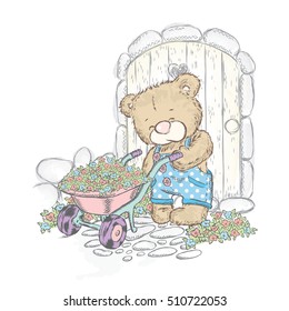 Cute Bear and trolley with seedlings. Vector illustration for a card or poster. Bear in the garden.