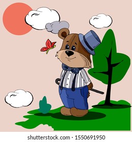 Cute bear in trousers and shirt in nature, flat vector, cartoon hand drawn vector illustration. Can be used for t-shirt print, kids wear fashion design, baby shower invitation card