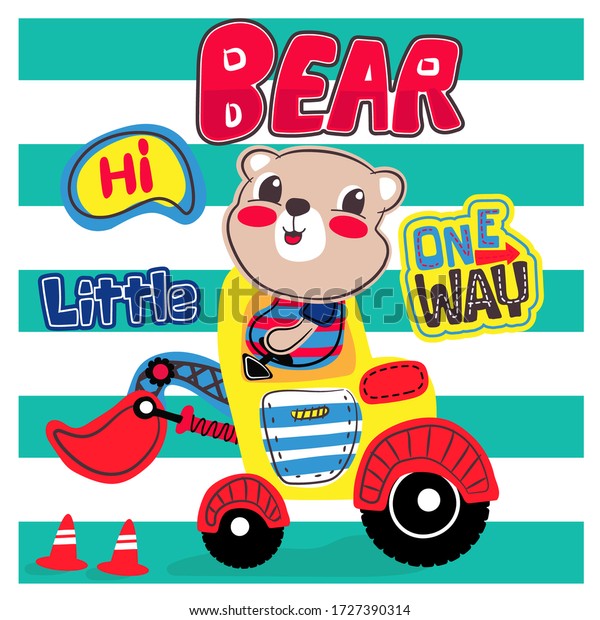 Cute bear  and truck  Let\'s do some\
work slogan graphic with vector, digger illustration for boys and\
babies t-shirt  and other uses Striped\
background.