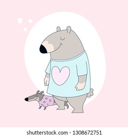 Cute bear in t-shirt and dachshund. Vector illustration.