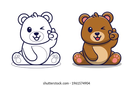 Cute bear with two finger cartoon coloring pages for kids