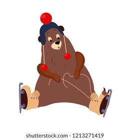 Cute Bear Tying Laces on Skates. Vector Illustration