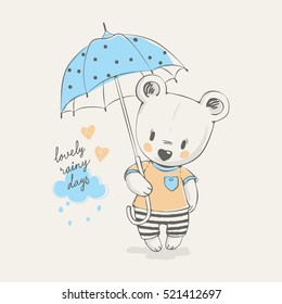 Cute bear with umbrella cartoon hand drawn vector illustration. Can be used for t-shirt print, kids wear fashion design, baby shower invitation card.