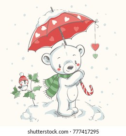 Cute bear with umbrella hand drawn vector illustration. Can be used for t-shirt print, kids wear fashion design, baby shower invitation card.