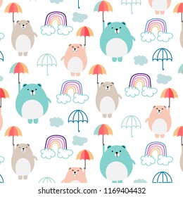 Cute Bear And Umbrella Pattern Background For Kids. Vector Illustration.	