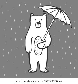 Cute bear with umbrella. Rain. Doodle, sketch, childish illustration. Cartoon character of a bear. Hand drawn children's print, vector outline for packaging, fabric, textile. Childishly drawn