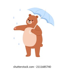 Cute bear with umbrella in rainy weather. Funny teddy character enjoying rain. Happy positive baby animal rejoicing. Childish flat vector illustration of sweet grizzly isolated on white background