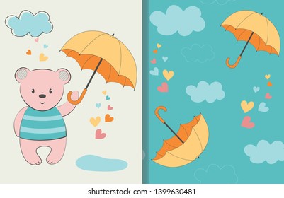 Cute bear with umbrella and seamless pattern for printing. Vector design.