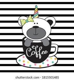 cute bear with unicorn horn vector illustration, unicorn bear in cup of coffee