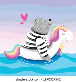 Cute bear and unicorn lifebuoy, creature with rainbow horn, wings and tail. Mystical character buoy for swimming and floating on water. Summer themed children's book illustration. T-shirt graphics.