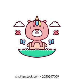 Cute bear unicorn on beauty park illustration. Vector graphics for t-shirt prints and other uses.