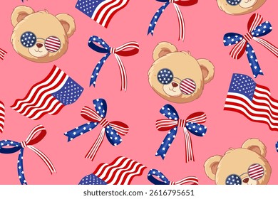 Cute bear with the US flag bow seamless pattern for 4th of July celebration 