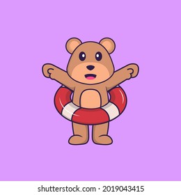 Cute bear using a float. Animal cartoon concept isolated. Can used for t-shirt, greeting card, invitation card or mascot.