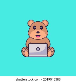 Cute bear using laptop. Animal cartoon concept isolated. Can used for t-shirt, greeting card, invitation card or mascot.