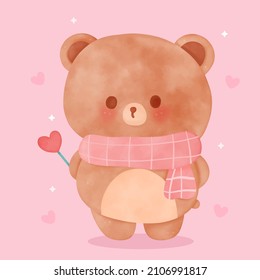 Cute bear valentines day watercolor holding heart wand: kawaii vector baby animal, Girly doodle. Series Fantasy children. Perfect illustration for Birthday party, card, nursery, kid decoration.