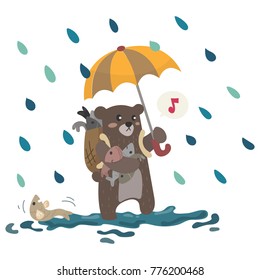 Cute bear vector cartoon with fish and umbrella under the rain. The fisherman bear in the rain. Lovely fat bear carrying fish in the rain isolated on white background.