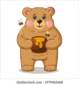 Cute bear vector drawn cartoon illustration isolated on white background. Brown bear with a barrel of honey, forest animals children's style