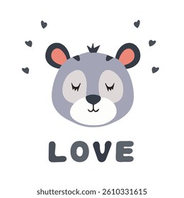 Cute bear vector graphic design. Cartoon bear head with hearts and Love lettering.