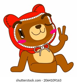 cute bear vector illustration, red hood bear peace sign