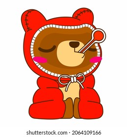 cute bear vector illustration, red hood bear get fever