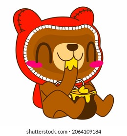 cute bear vector illustration, red hood bear eating honey