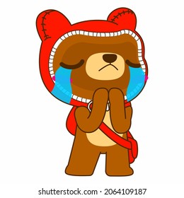 cute bear vector illustration, red hood bear sad pose