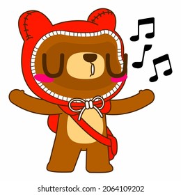 cute bear vector illustration, red hood bear singing pose