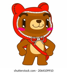 cute bear vector illustration, red hood bear proud pose