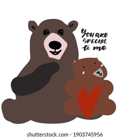 Cute bear vector  illustration with romantic quote. Hand lettering design. You are special to me