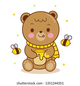 Cute Bear vector love honey cartoon white background, Kawaii style, hand drawn isolated: Illustration of cute fairytale bee- Perfect for kid's greeting card design and Print for t-shirt.