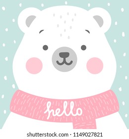 Cute Bear vector print, baby shower card. teddy with hello write cartoon illustration,  greeting card, kids cards for birthday poster or banner, cartoon invitation