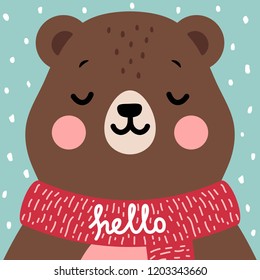 Cute Bear vector print, baby shower card. teddy with hello write cartoon illustration, christmas greeting card, kids cards for birthday poster or banner, cartoon invitation