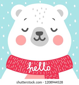 Cute Bear vector print, baby shower card. teddy with hello write cartoon illustration, christmas greeting card, kids cards for birthday poster or banner, cartoon invitation